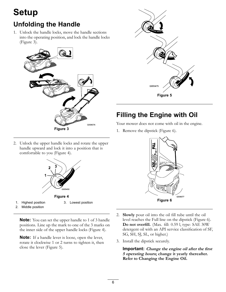 Setup, Unfolding the handle filling the engine with oil, Unfolding the handle | Filling the engine with oil | Hayter Mowers R48 Recycling Mower 447F User Manual | Page 6 / 24