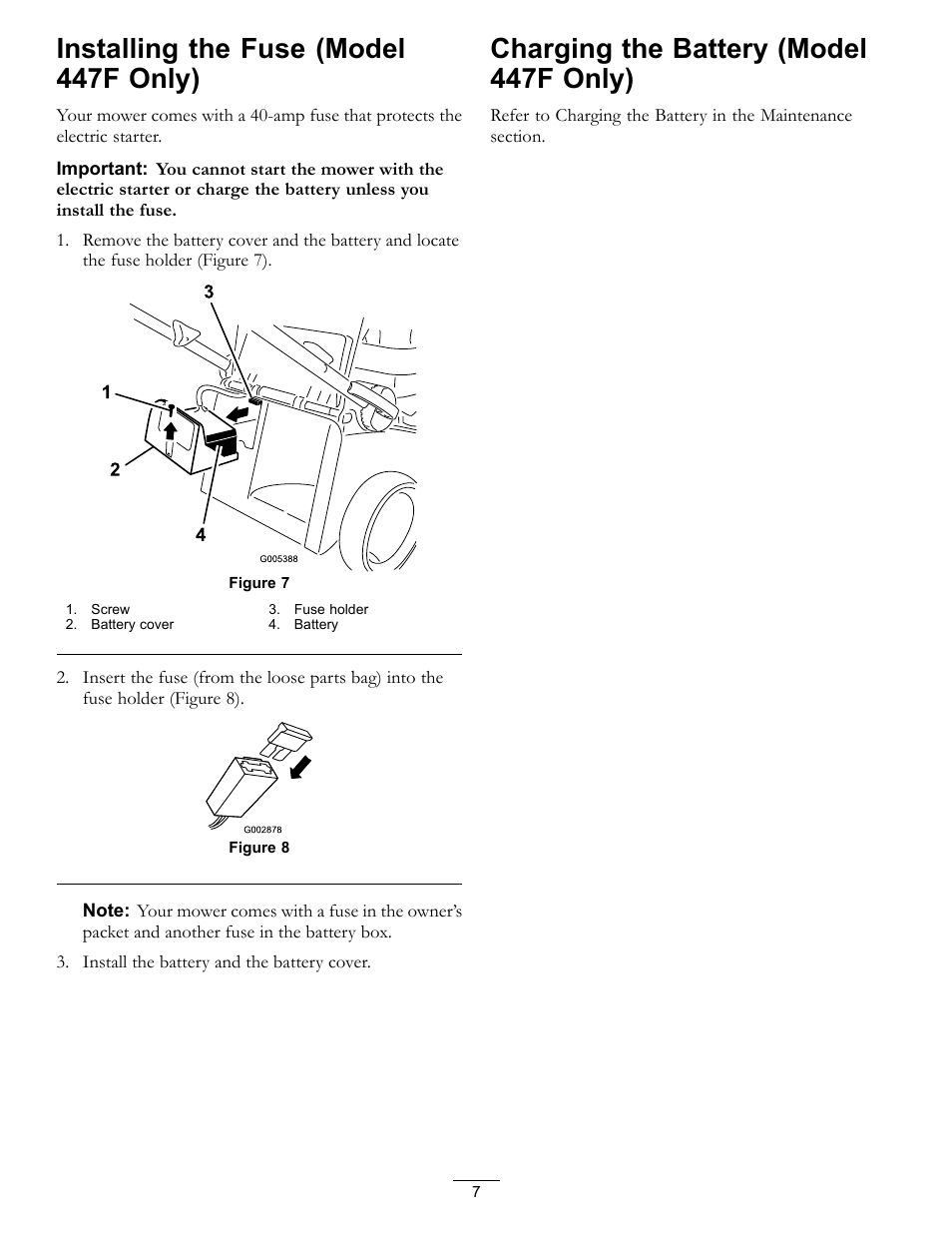 Installing the fuse (model 447f only), Charging the battery (model 447f only) | Hayter Mowers R48 Recycling Mower 447F User Manual | Page 7 / 24