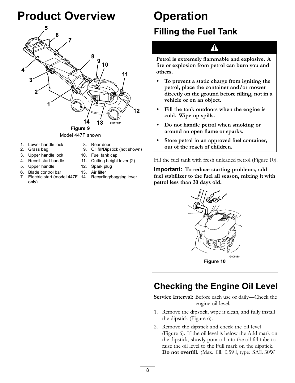 Product overview operation, Product overview, Operation | Filling the fuel tank, Checking the engine oil level | Hayter Mowers R48 Recycling Mower 447F User Manual | Page 8 / 24