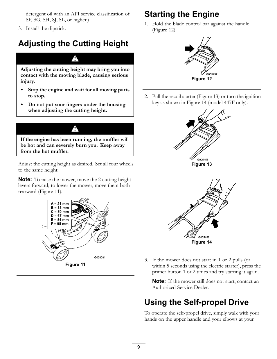 Adjusting the cutting height, Starting the engine, Using the self-propel drive | Hayter Mowers R48 Recycling Mower 447F User Manual | Page 9 / 24