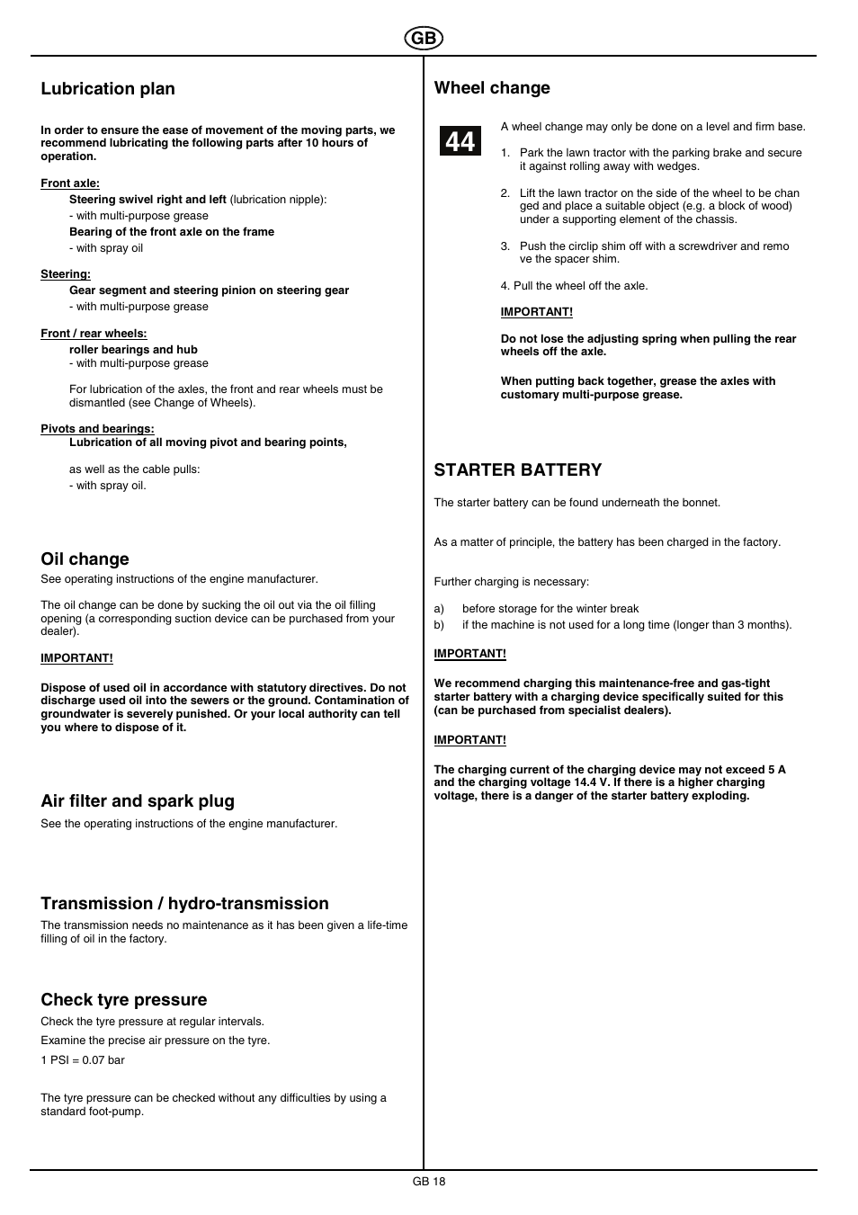 Lubrication plan, Oil change, Air filter and spark plug | Transmission / hydro-transmission, Check tyre pressure, Wheel change, Starter battery | Hayter Mowers RS 14/82 User Manual | Page 18 / 22