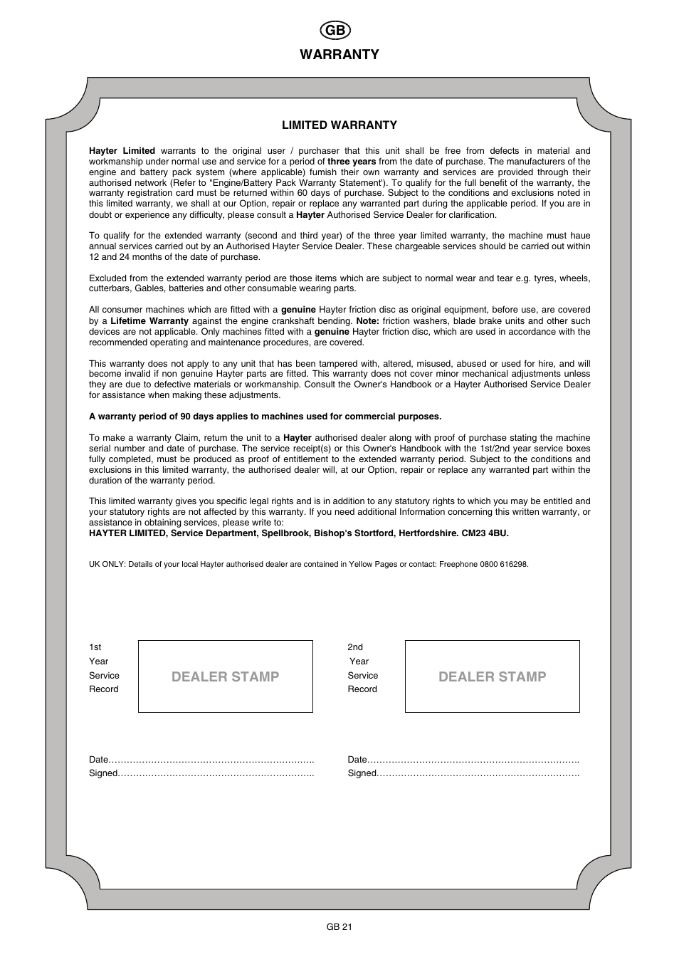 Dealer stamp, Dealer stamp gb, Warranty | Hayter Mowers RS 14/82 User Manual | Page 21 / 22