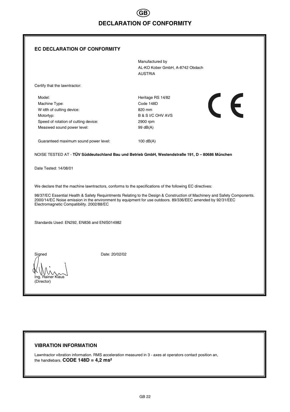 Declaration of conformity | Hayter Mowers RS 14/82 User Manual | Page 22 / 22