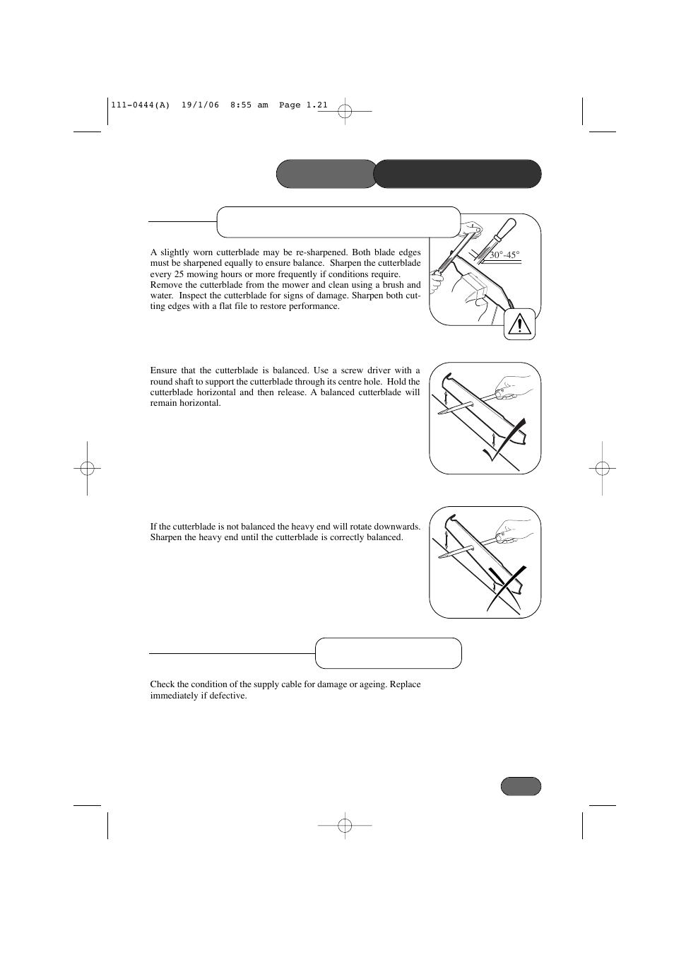 Cutterblade sharpening, Mower maintenance supply cable | Hayter Mowers Envoy Lawn Mower 100D User Manual | Page 21 / 32