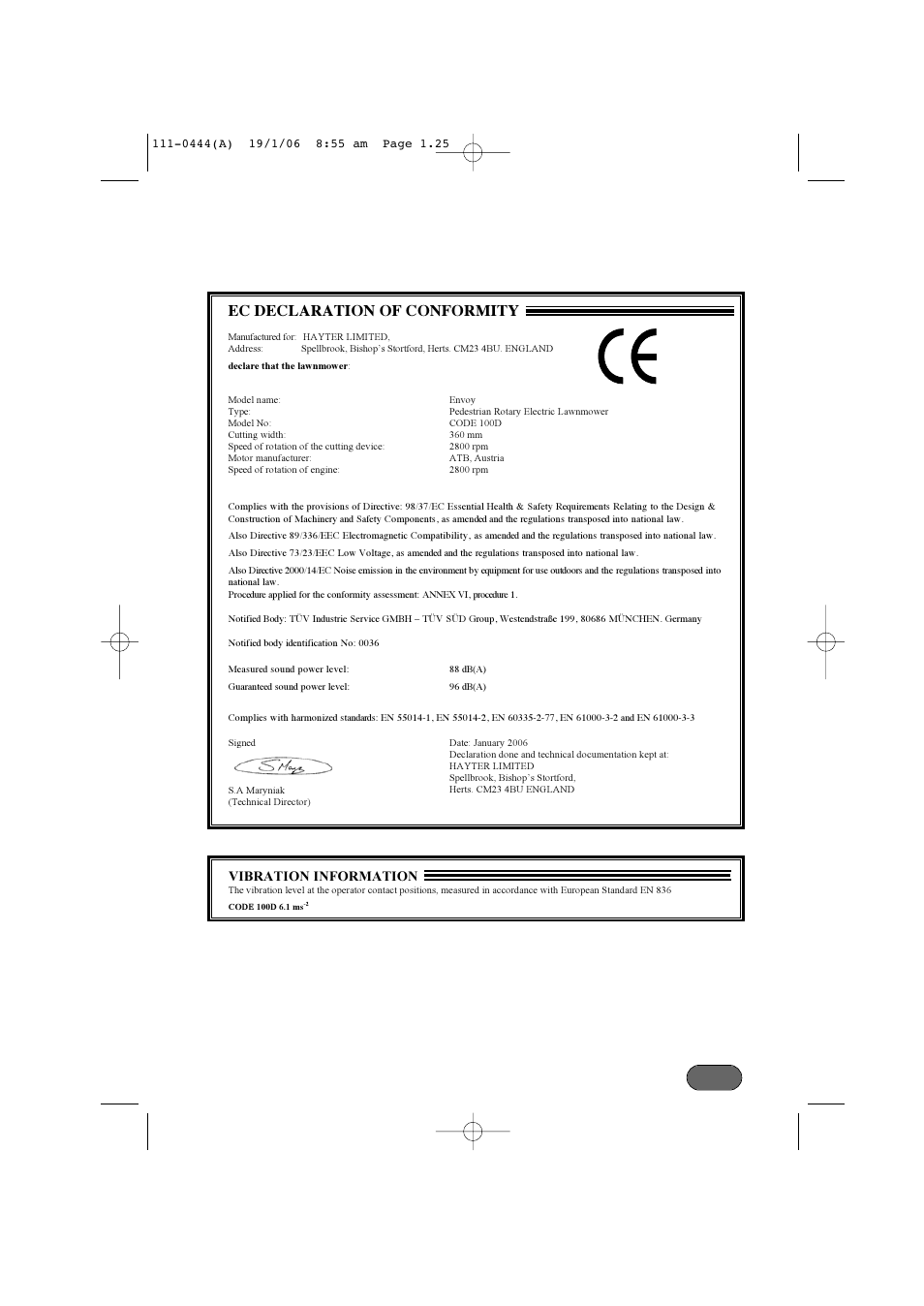 Ec declaration of conformity, Vibration information | Hayter Mowers Envoy Lawn Mower 100D User Manual | Page 25 / 32