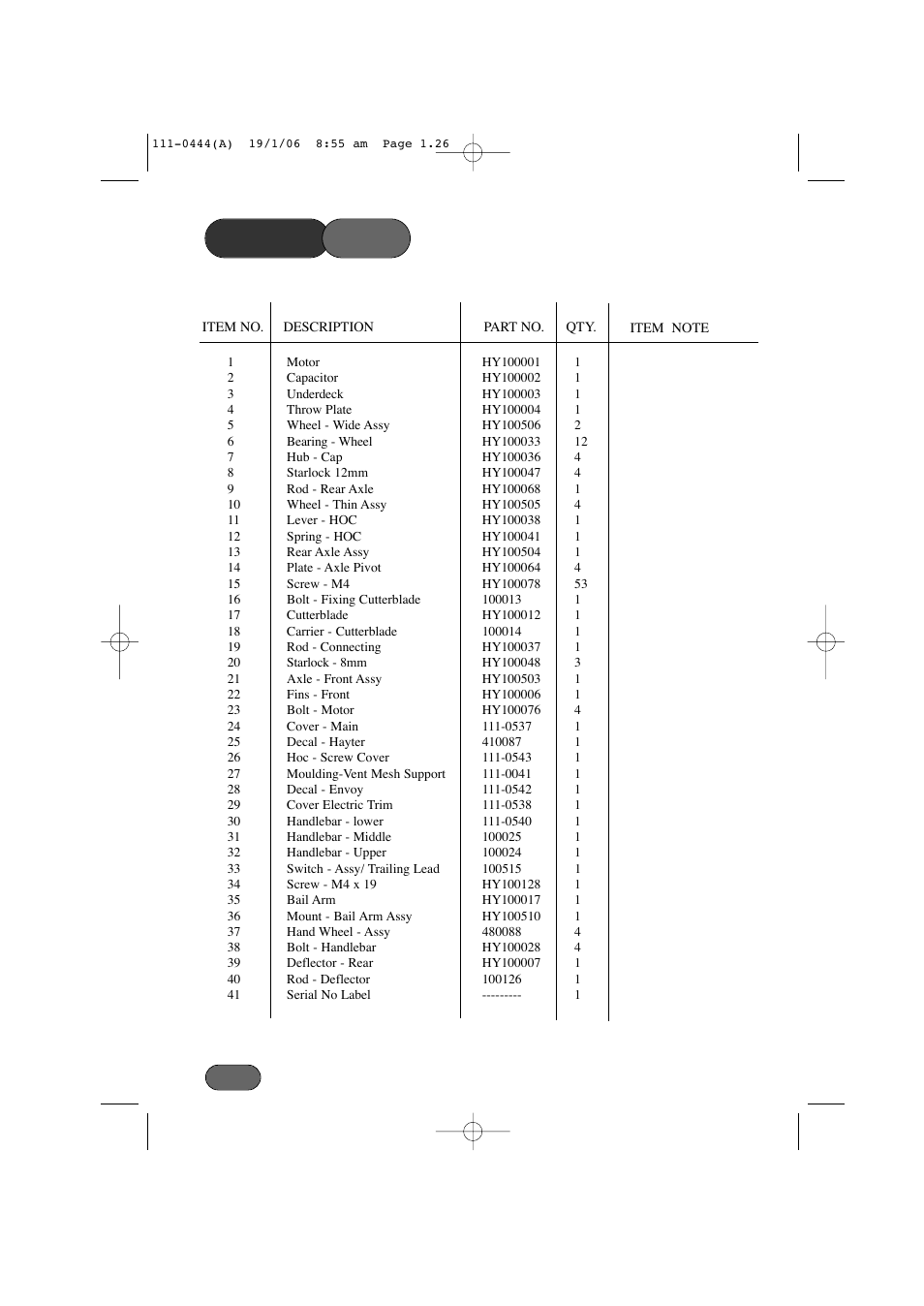 Parts list | Hayter Mowers Envoy Lawn Mower 100D User Manual | Page 26 / 32