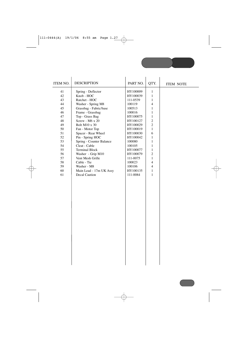 List parts | Hayter Mowers Envoy Lawn Mower 100D User Manual | Page 27 / 32