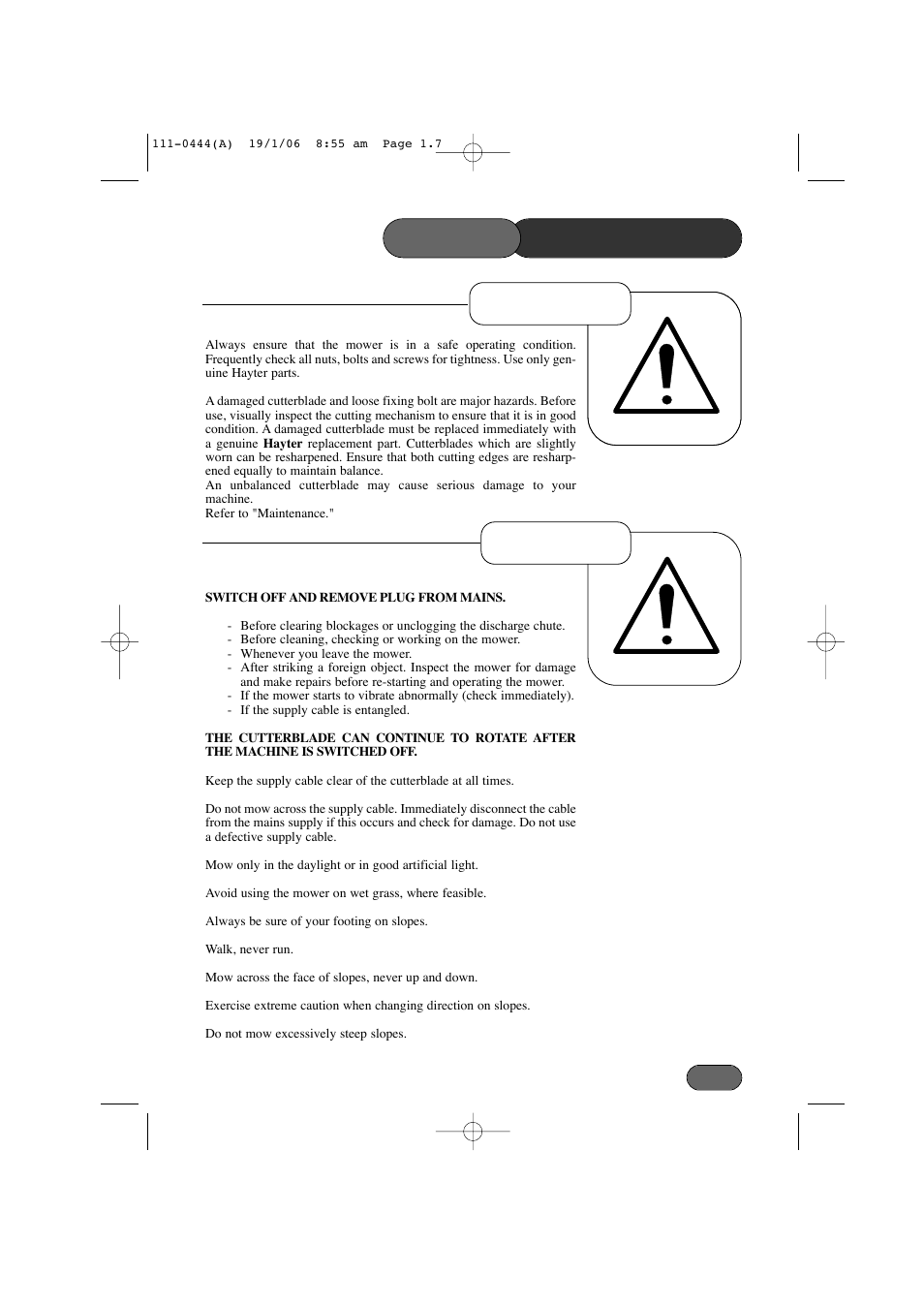 Precautions safety, Operation preparation | Hayter Mowers Envoy Lawn Mower 100D User Manual | Page 7 / 32