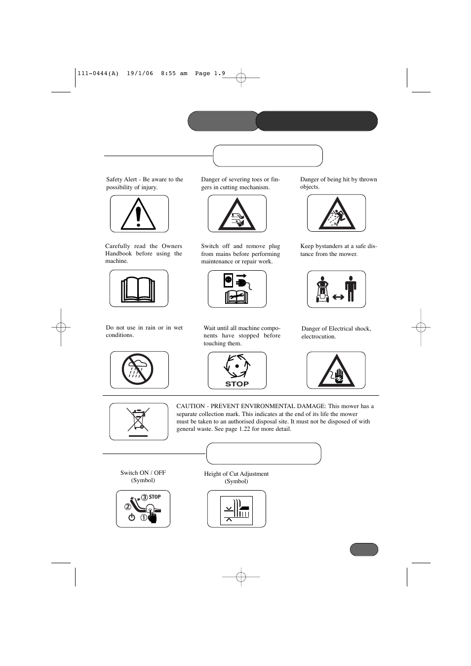Safety precautions safety symbols, Control symbols | Hayter Mowers Envoy Lawn Mower 100D User Manual | Page 9 / 32