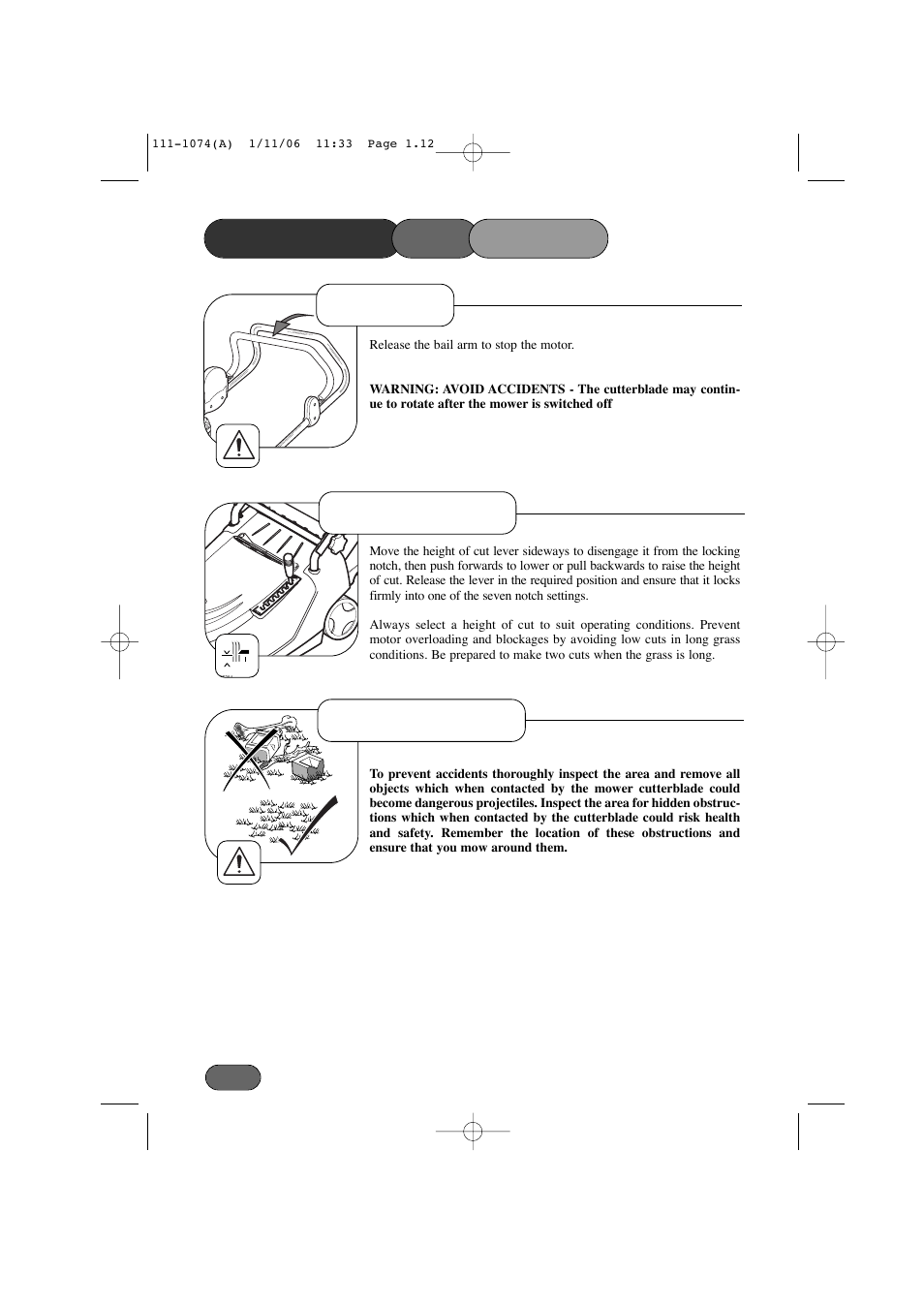 Stopping, Height of cut before mowing, Operating the mower | Hayter Mowers Envoy 36 User Manual | Page 12 / 32