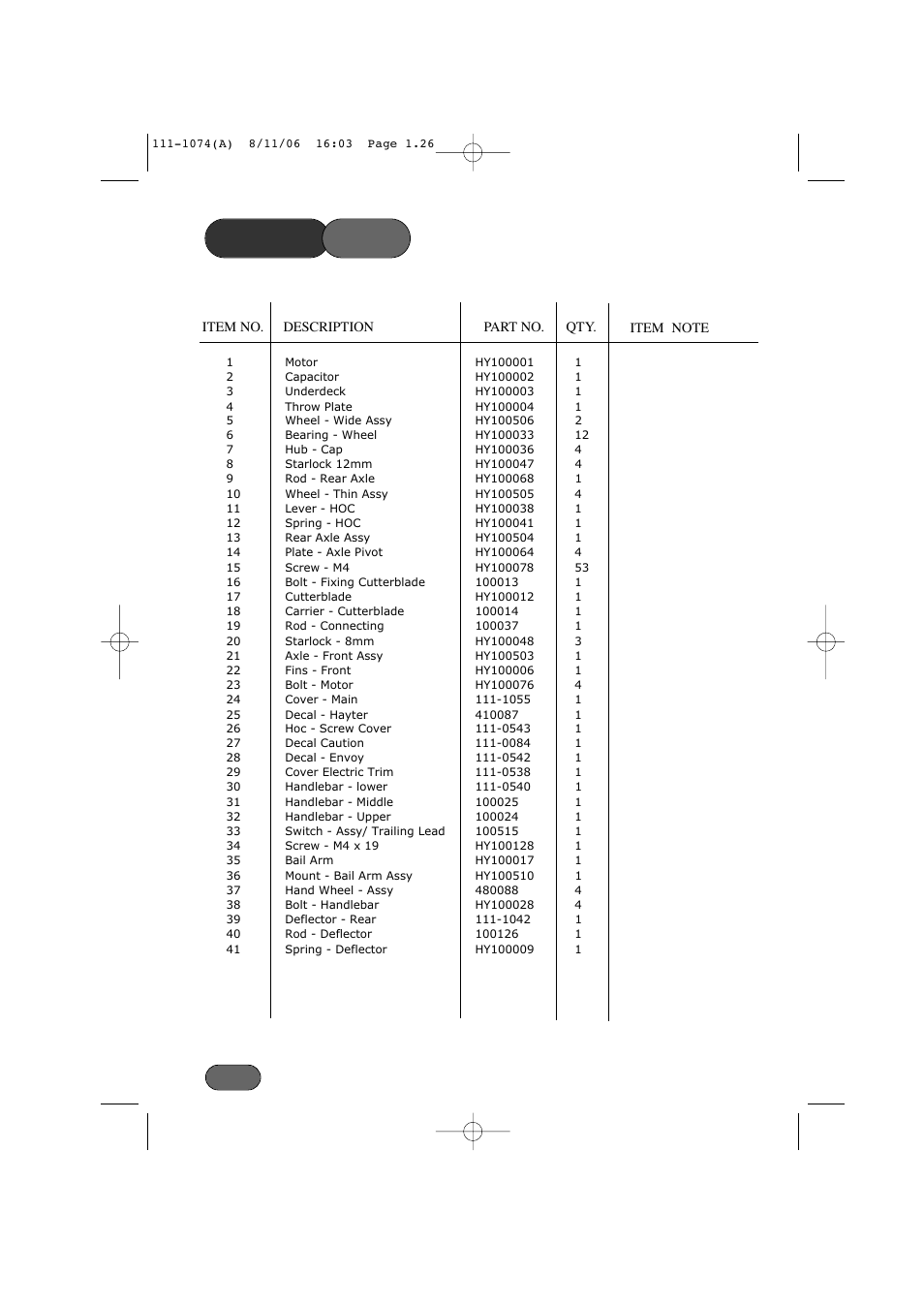 Parts list | Hayter Mowers Envoy 36 User Manual | Page 26 / 32