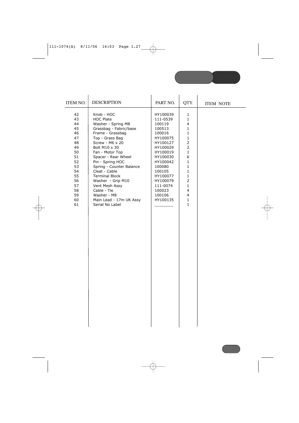 List parts | Hayter Mowers Envoy 36 User Manual | Page 27 / 32