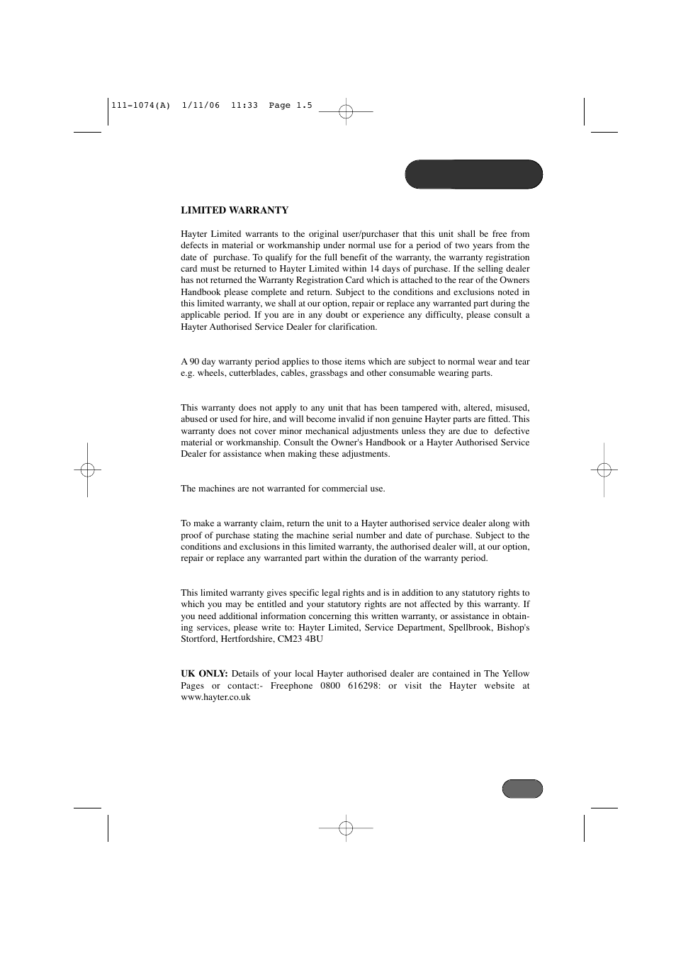 Warranty | Hayter Mowers Envoy 36 User Manual | Page 5 / 32