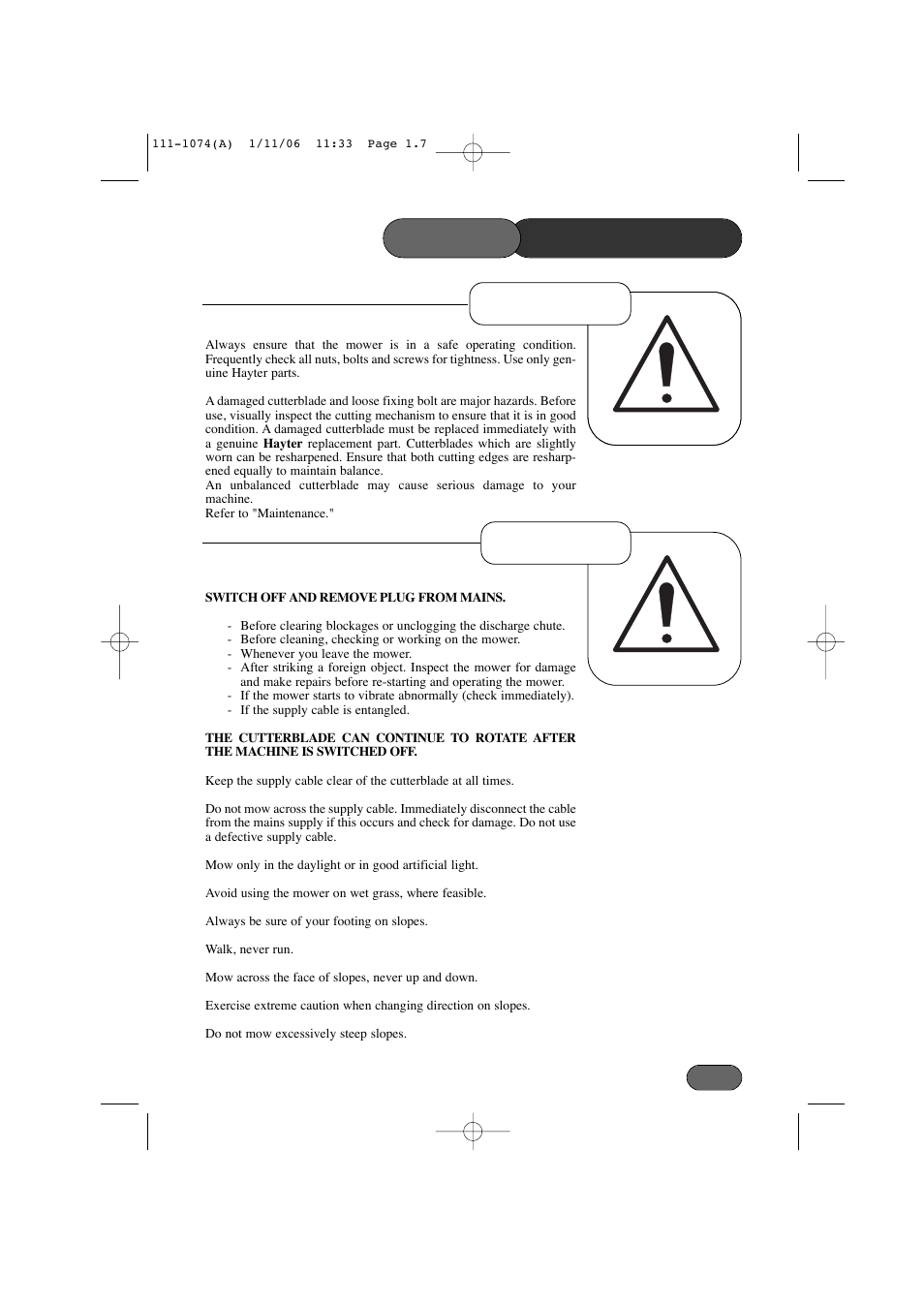 Precautions safety, Operation preparation | Hayter Mowers Envoy 36 User Manual | Page 7 / 32