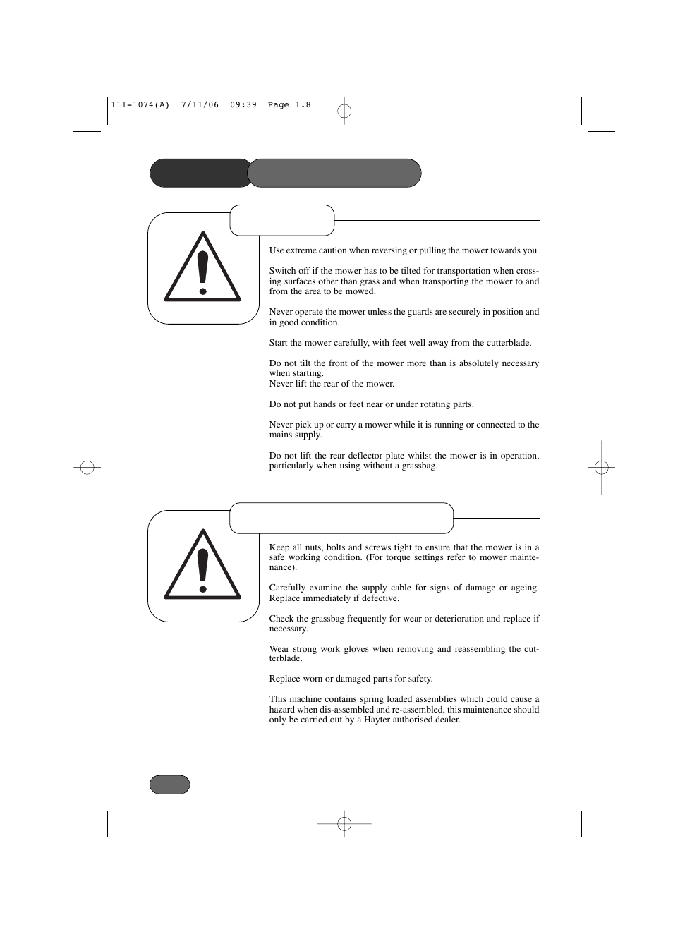 Safety precautions operation maintenance & storage | Hayter Mowers Envoy 36 User Manual | Page 8 / 32