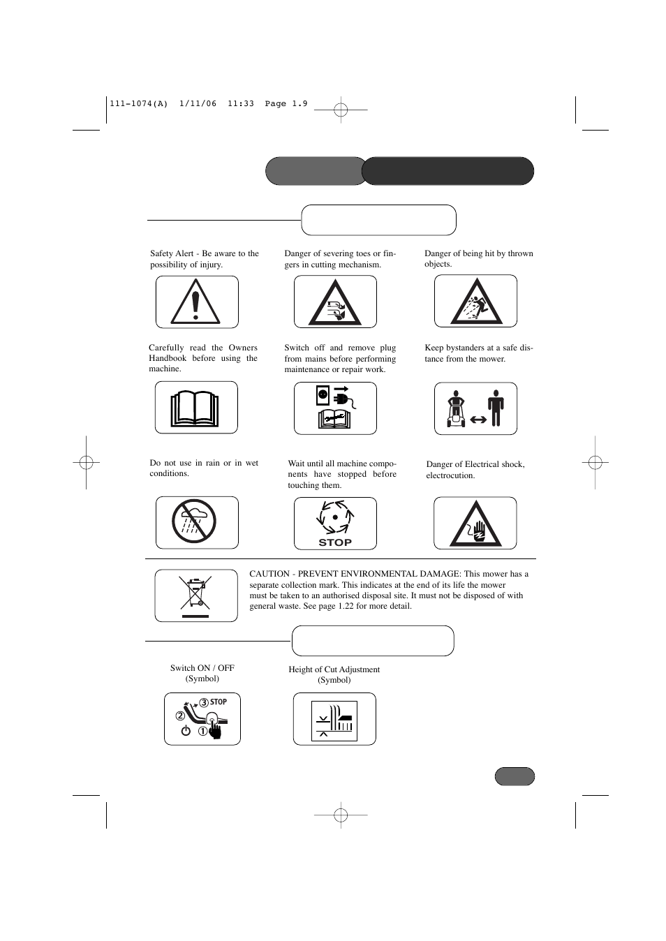Safety precautions safety symbols, Control symbols | Hayter Mowers Envoy 36 User Manual | Page 9 / 32