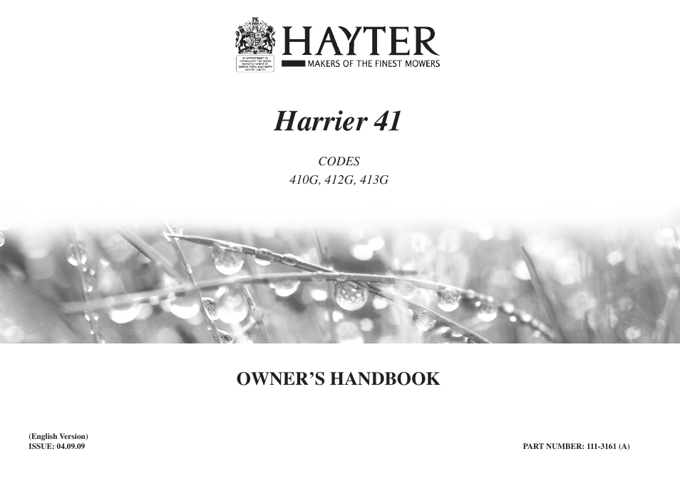 Hayter Mowers Harrier 41 413G User Manual | 20 pages