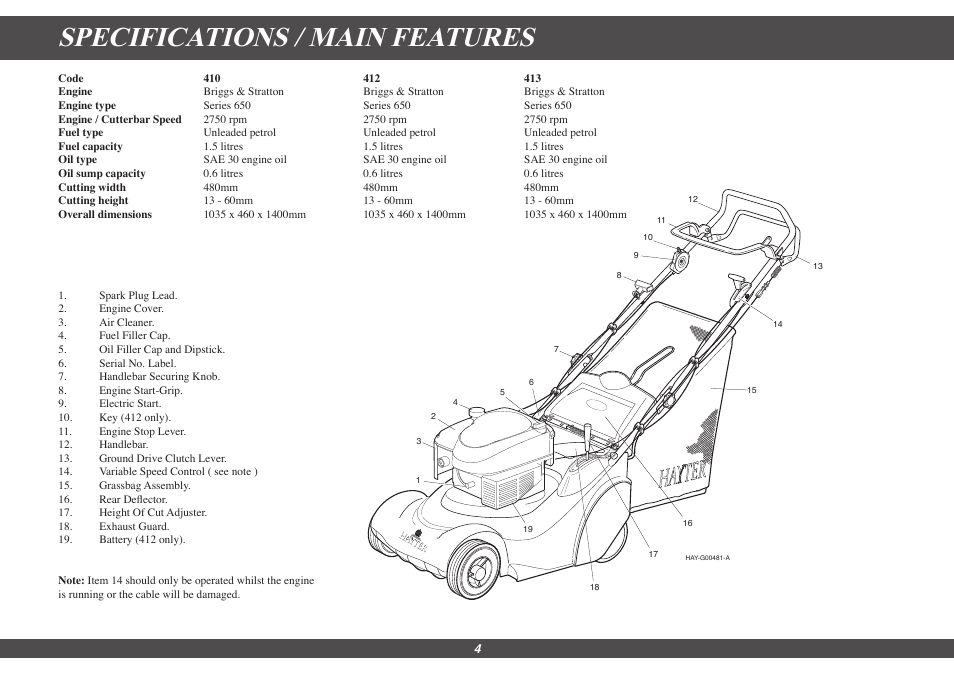 Specifications / main features | Hayter Mowers Harrier 41 413G User Manual | Page 4 / 20