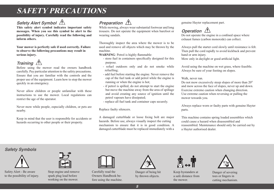 Safety precautions, Safety alert symbol, Training | Preparation, Operation, Safety symbols | Hayter Mowers Harrier 41 413G User Manual | Page 5 / 20