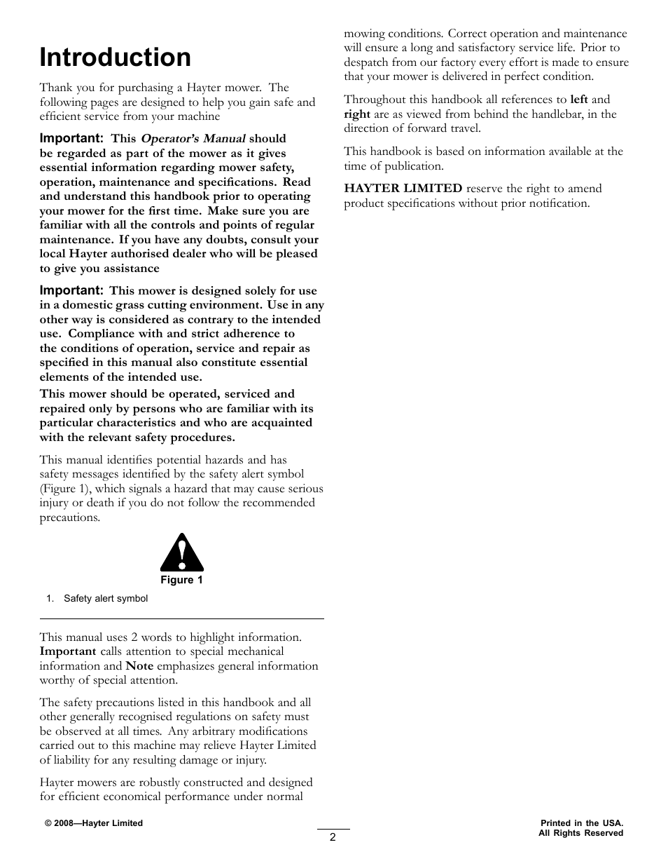 Introduction | Hayter Mowers R53S and R53A Recycling Mower 111-2842 Rev B User Manual | Page 2 / 28