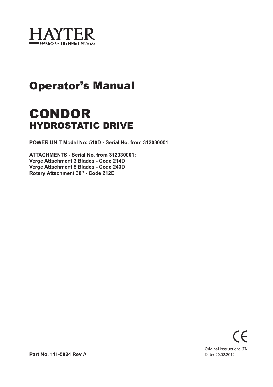 Hayter Mowers Condor hydrostatic Drive 510D User Manual | 52 pages