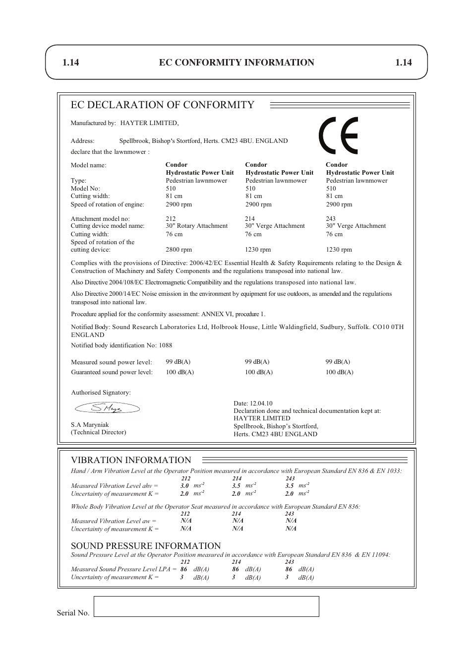 Ec declaration of conformity, 14 ec conformity information, Vibration information | Sound pressure information | Hayter Mowers Condor hydrostatic Drive 510D User Manual | Page 14 / 52