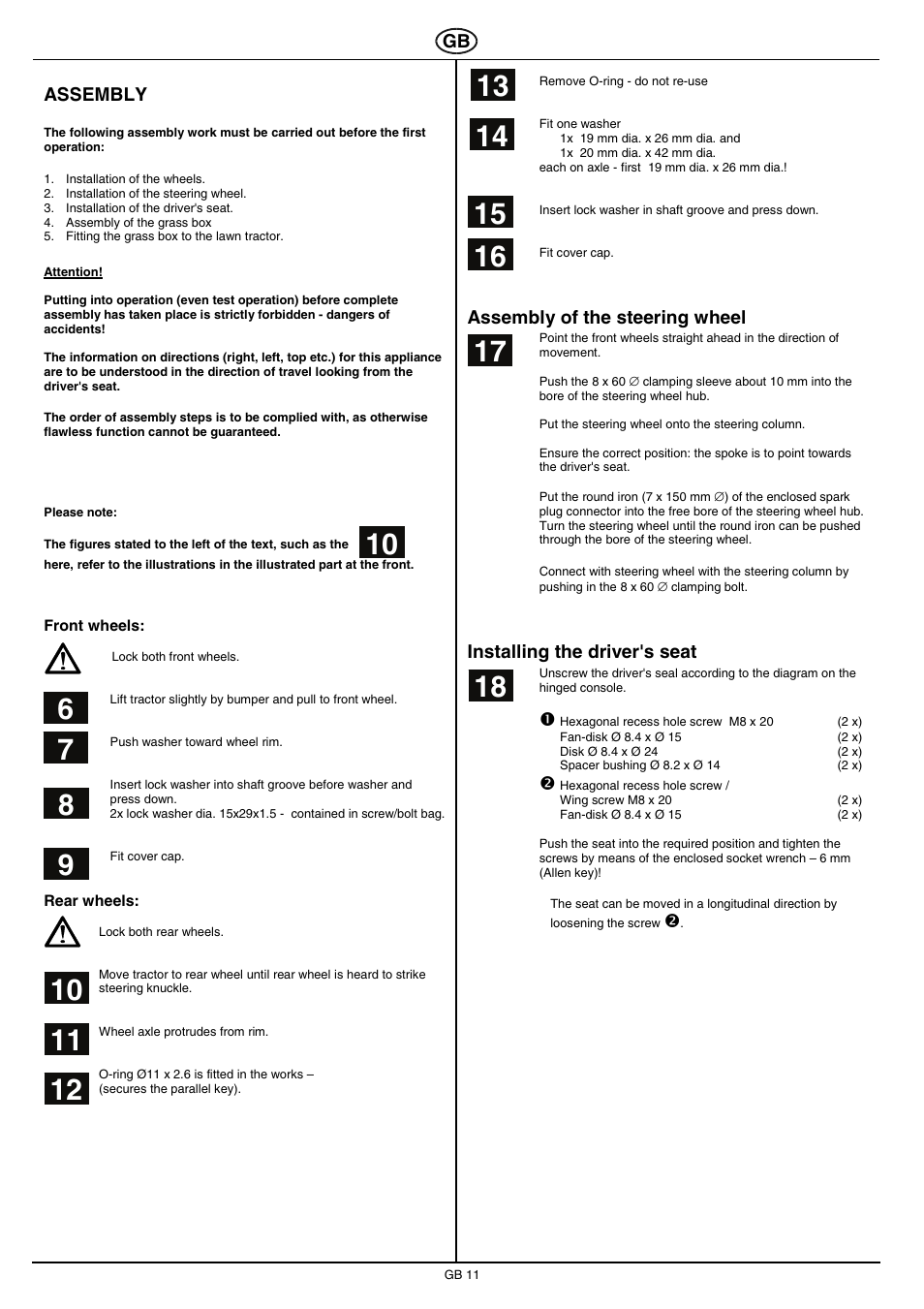 Assembly, Assembly of the steering wheel, Installing the driver's seat | Hayter Mowers RS 17/102H User Manual | Page 11 / 22