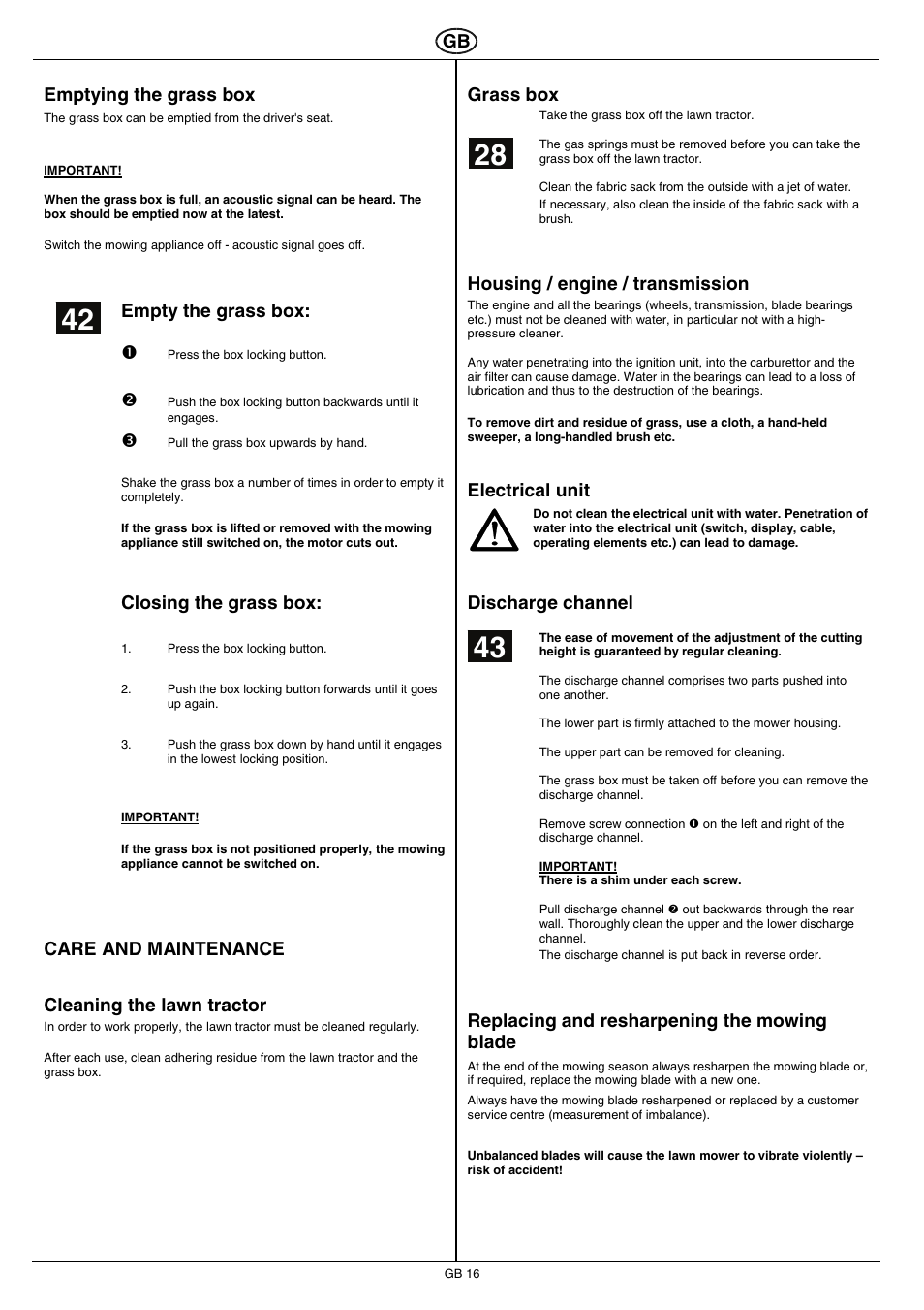 Emptying the grass box, Empty the grass box, Closing the grass box | Care and maintenance cleaning the lawn tractor, Grass box, Housing / engine / transmission, Electrical unit, Discharge channel, Replacing and resharpening the mowing blade | Hayter Mowers RS 17/102H User Manual | Page 16 / 22