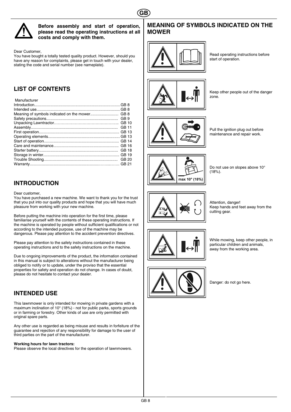 Meaning of symbols indicated on the mower, List of contents, Introduction | Intended use | Hayter Mowers RS 17/102H User Manual | Page 8 / 22