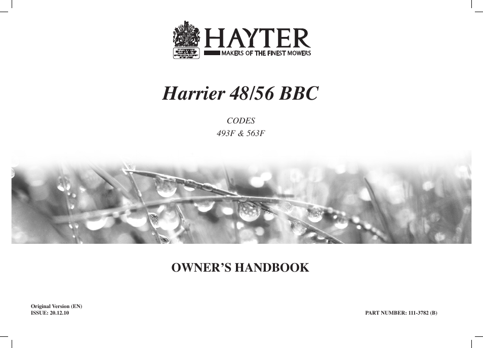 Hayter Mowers Harrier 48/56 BBC 563F User Manual | 20 pages