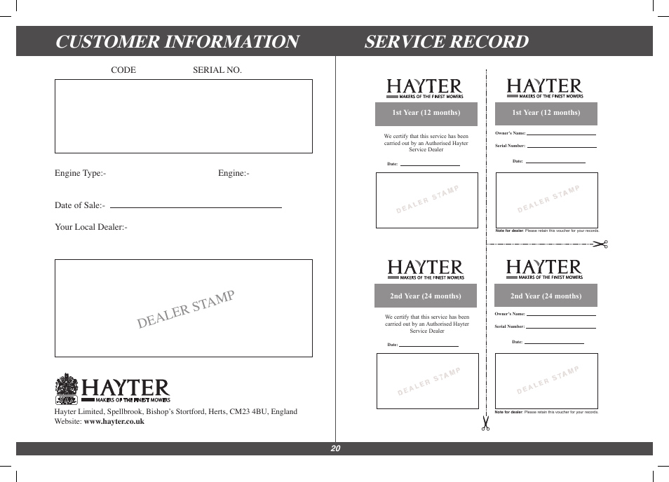 Customer information service record, Dealer st amp | Hayter Mowers Harrier 48/56 BBC 563F User Manual | Page 20 / 20