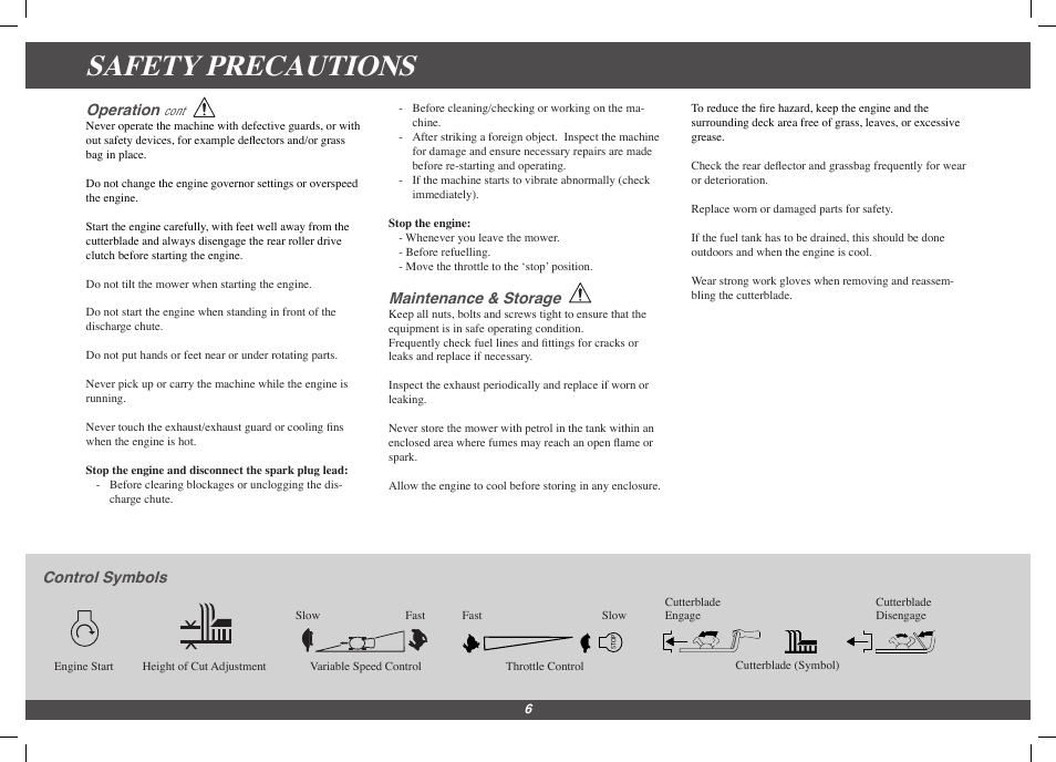 Safety precautions, Operation, Maintenance & storage | Control symbols | Hayter Mowers Harrier 48/56 BBC 563F User Manual | Page 6 / 20