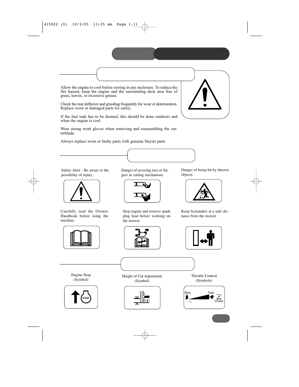 Safety precautions, Maintenance & storage safety symbols, Control symbols | Hayter Mowers Ranger 41 Push User Manual | Page 10 / 35