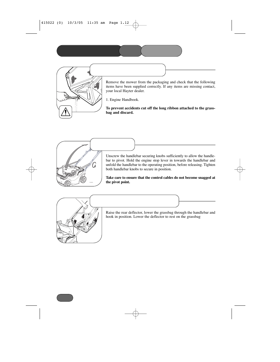 Assembling the mower, Handlebar delivery checklist grassbag attachment | Hayter Mowers Ranger 41 Push User Manual | Page 11 / 35