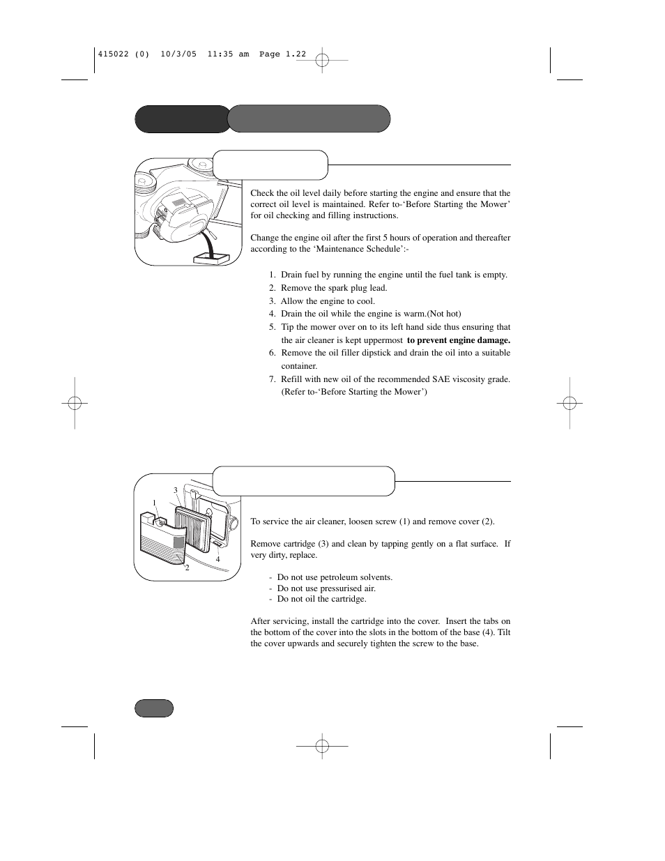 Mower, Oil service air cleaner service maintenance | Hayter Mowers Ranger 41 Push User Manual | Page 21 / 35