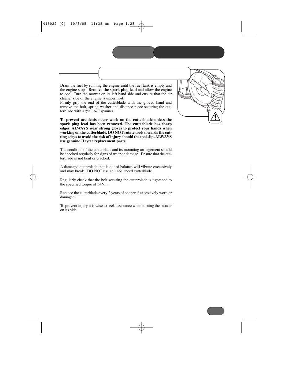 Cutterblade removal mower maintenance | Hayter Mowers Ranger 41 Push User Manual | Page 24 / 35