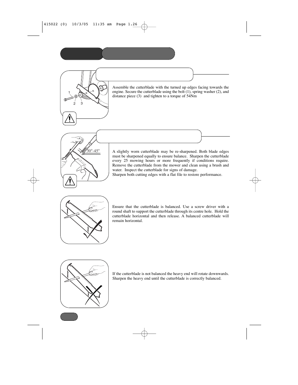Mower maintenance, Cutterblade sharpening, Cutterblade assembly | Hayter Mowers Ranger 41 Push User Manual | Page 25 / 35