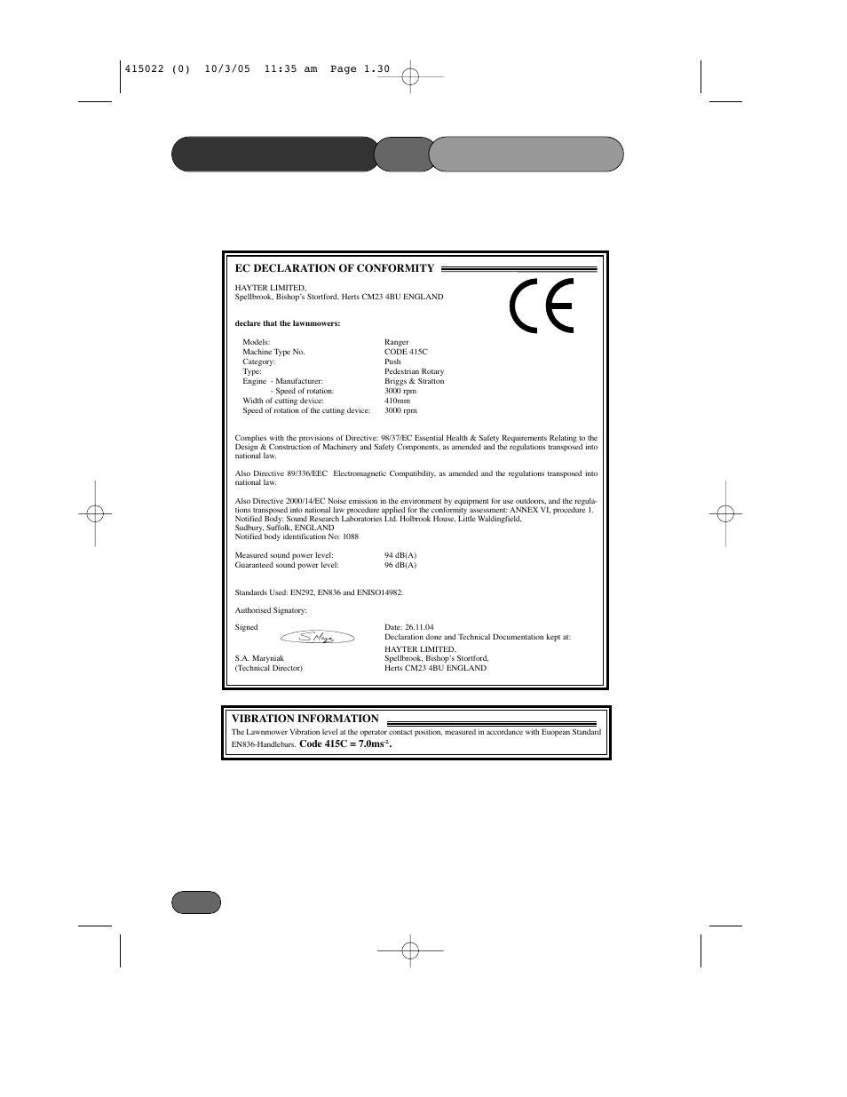 Declaration of conformity | Hayter Mowers Ranger 41 Push User Manual | Page 29 / 35