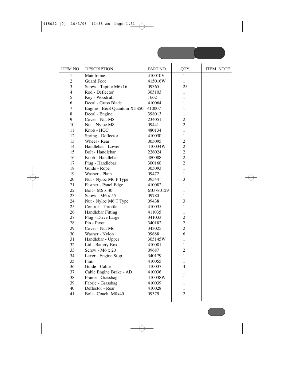 Parts, List | Hayter Mowers Ranger 41 Push User Manual | Page 30 / 35