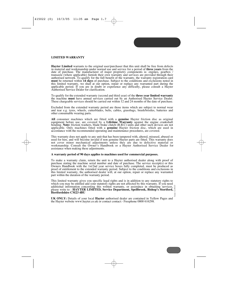 Warranty | Hayter Mowers Ranger 41 Push User Manual | Page 6 / 35