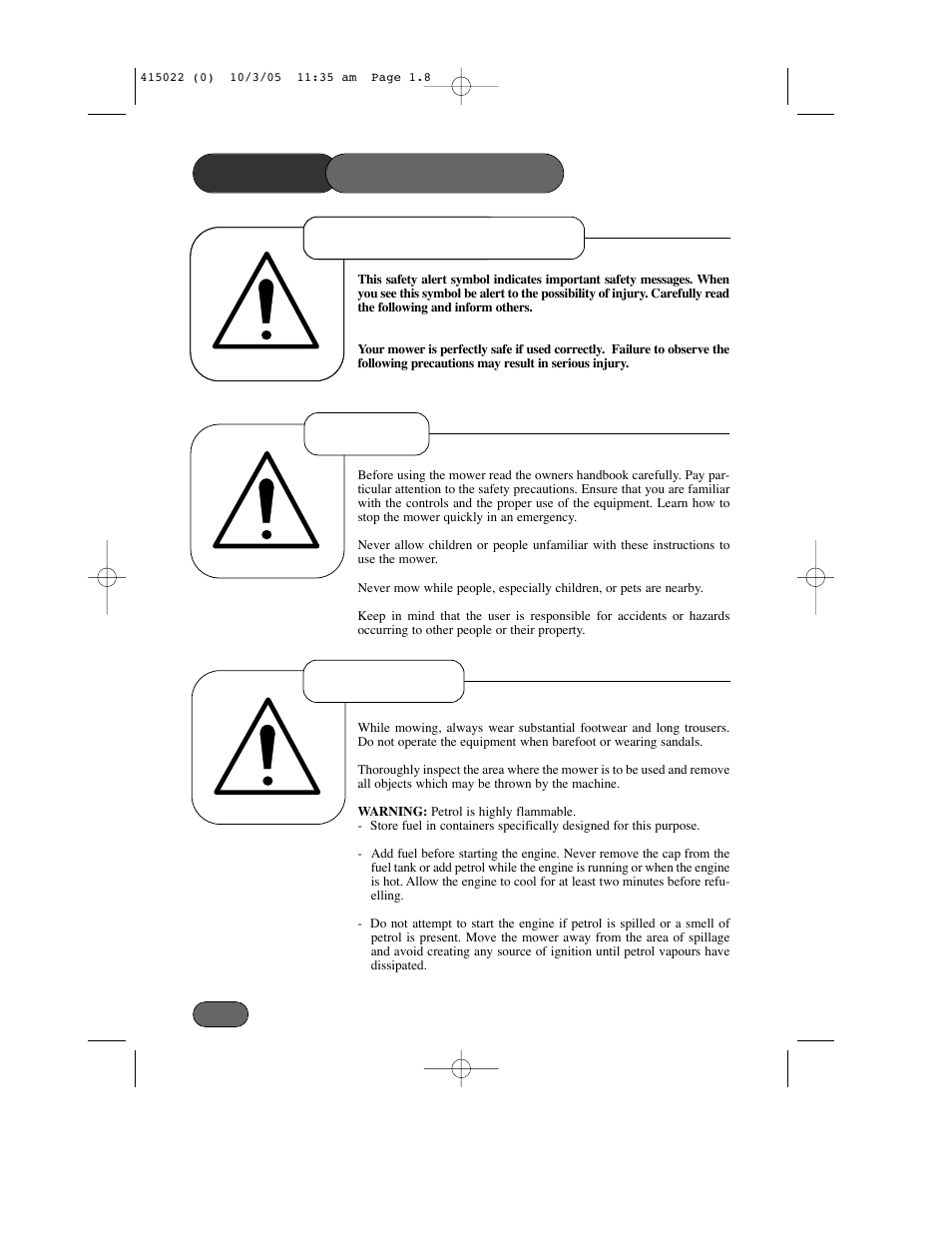 Safety precautions, Safety alert symbol preparation training | Hayter Mowers Ranger 41 Push User Manual | Page 7 / 35