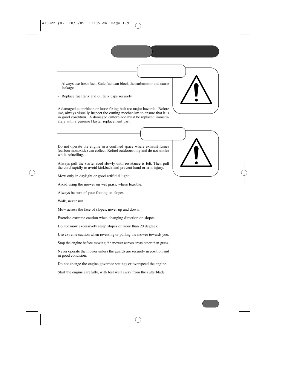 Precautions safety, Operation preparation | Hayter Mowers Ranger 41 Push User Manual | Page 8 / 35