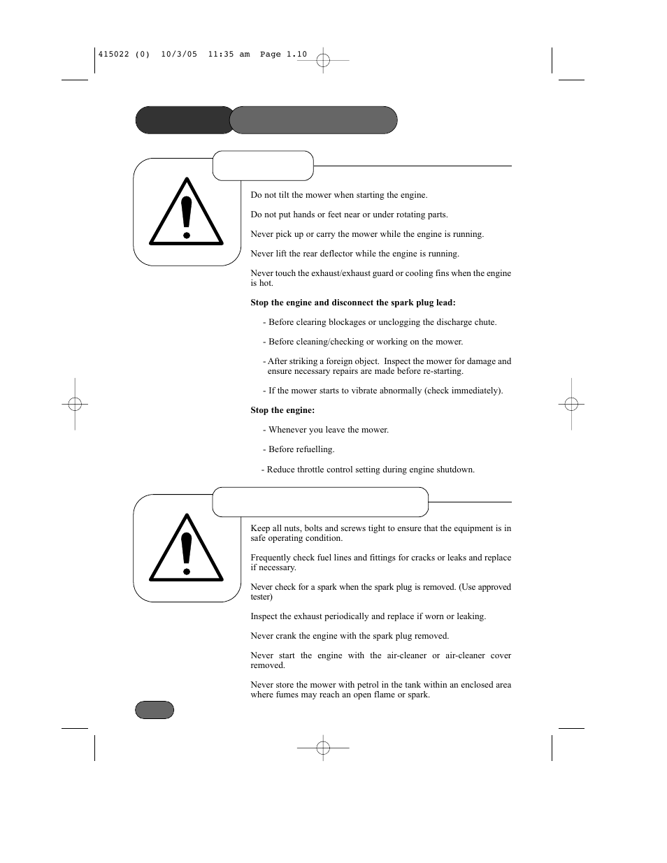 Safety precautions, Operation maintenance & storage | Hayter Mowers Ranger 41 Push User Manual | Page 9 / 35