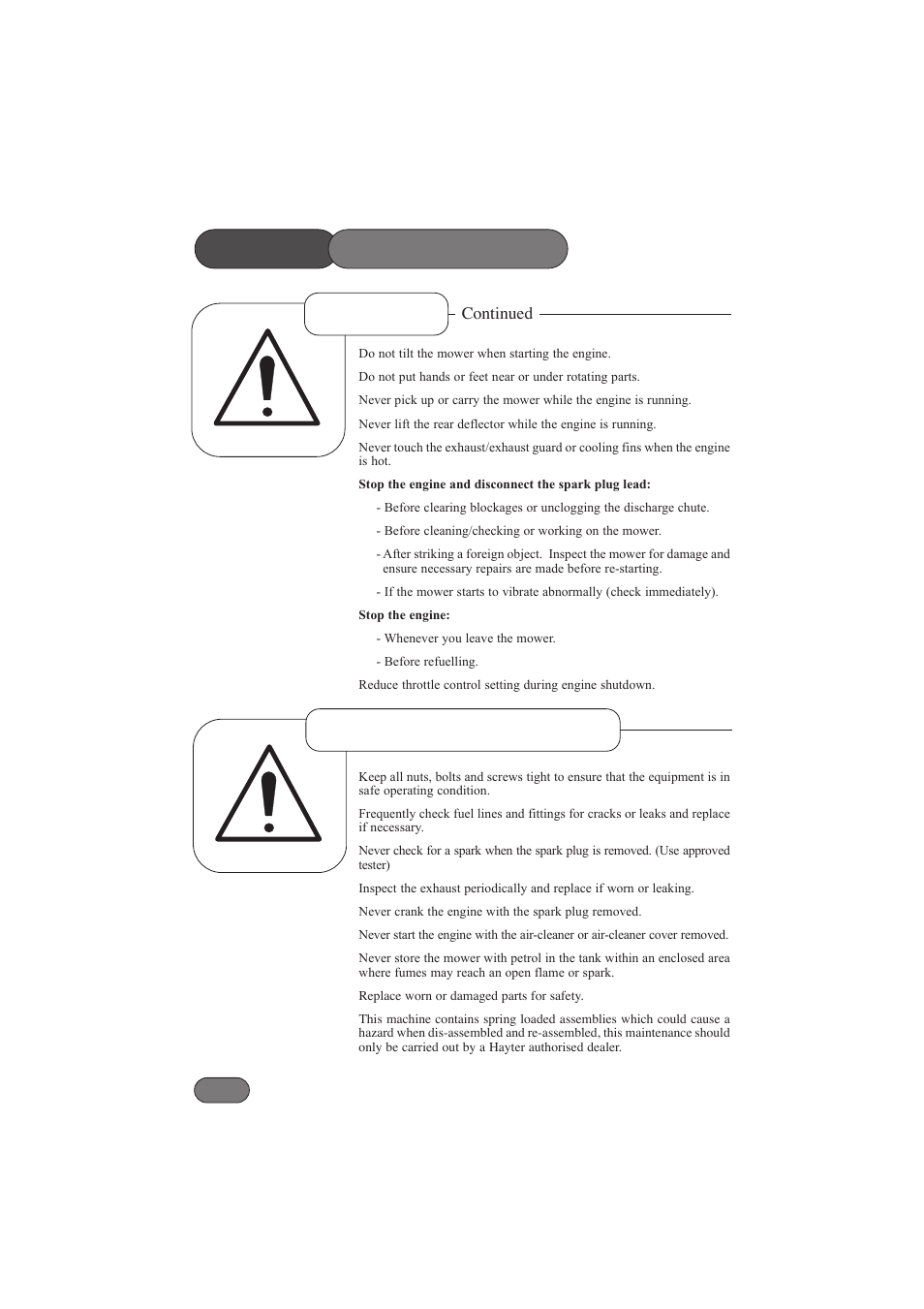 Safety precautions operation maintenance & storage | Hayter Mowers Harier 41 412E User Manual | Page 10 / 40