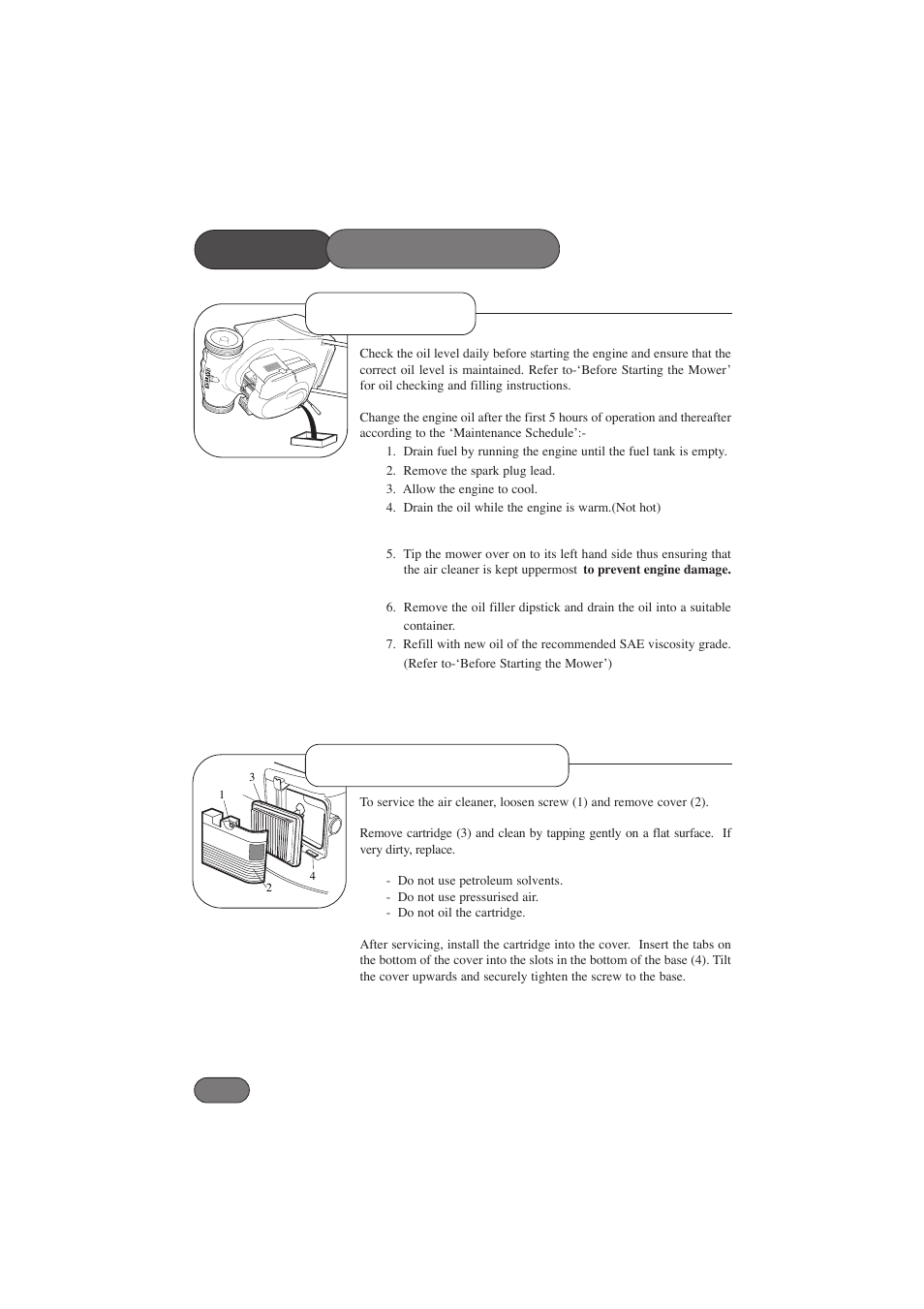 Mower, Oil service air cleaner service maintenance | Hayter Mowers Harier 41 412E User Manual | Page 24 / 40