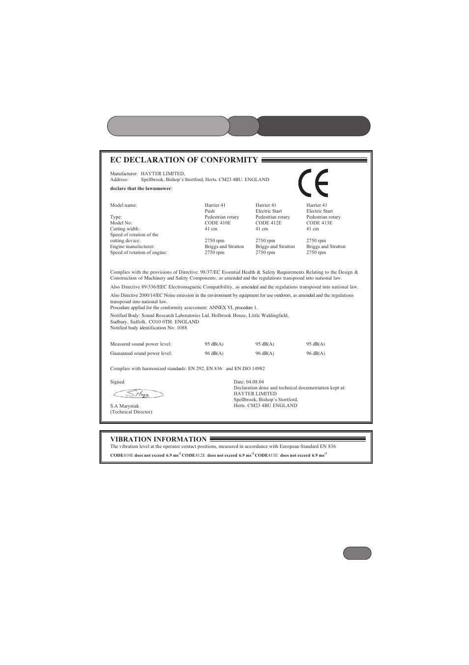 Conformity of declaration, Ec declaration of conformity | Hayter Mowers Harier 41 412E User Manual | Page 33 / 40