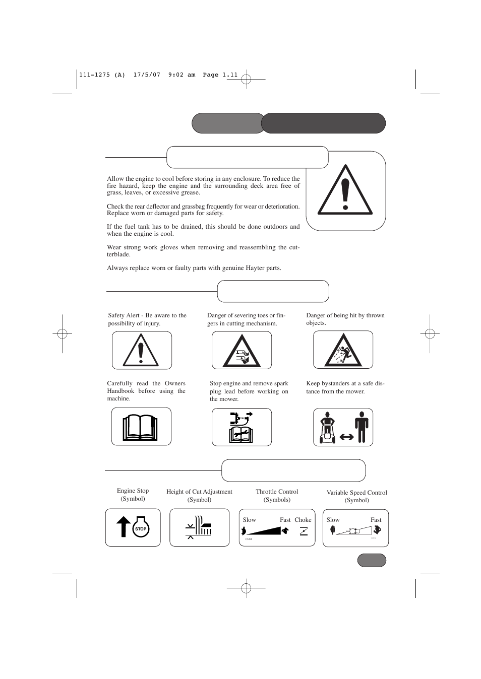 Safety precautions, Maintenance & storage safety symbols, Information symbols | Hayter Mowers Harrier 48 PRO User Manual | Page 11 / 40