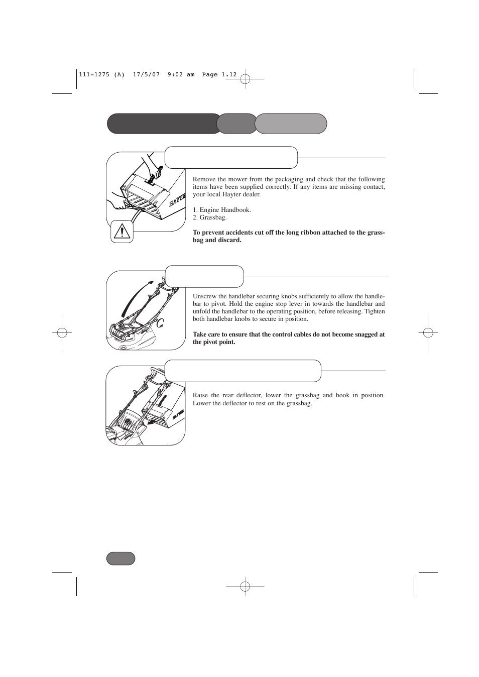 Assembling the mower, Handlebar delivery checklist grassbag attachment | Hayter Mowers Harrier 48 PRO User Manual | Page 12 / 40
