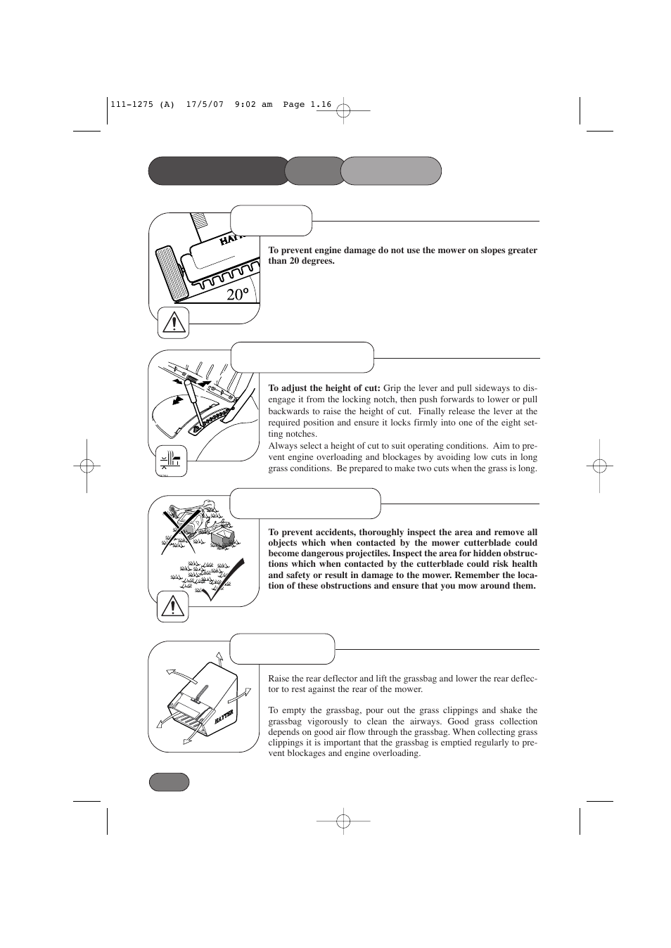 Height of cut before mowing, Grassbag operating the mower, Slopes | Hayter Mowers Harrier 48 PRO User Manual | Page 16 / 40