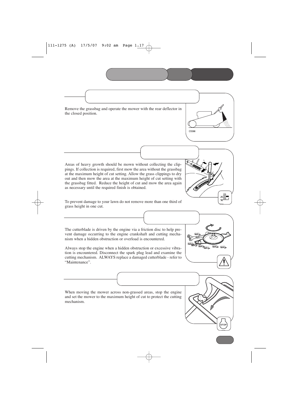 Friction disc, Non-grassed areas, Mower the operating | Without grass collection, Heavy growth | Hayter Mowers Harrier 48 PRO User Manual | Page 17 / 40